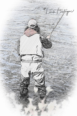 artist sketch of fly fisherman on Matapedia River, Quebec